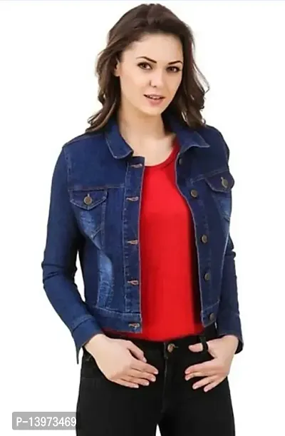 Stylish Navy Blue Denim Ombre Button Denim Jacket For Women-thumb0