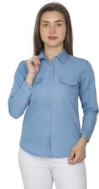 Elegant Blue Cotton Shirt For Women-thumb1