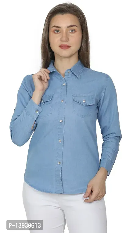 Elegant Blue Cotton Shirt For Women-thumb2