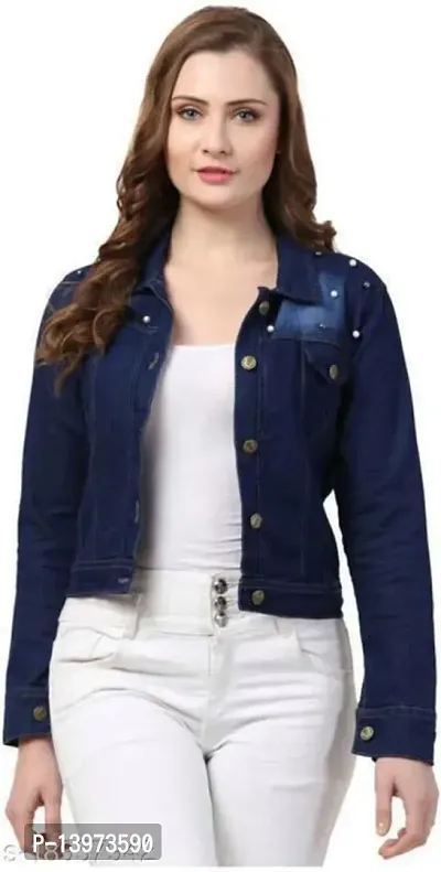 Stylish Navy Blue Denim Ombre Button Denim Jacket For Women-thumb0