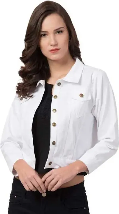 AYRIN AYJ00212 Women's Full Sleeve Solid Regular Denim Jacket (White, S)