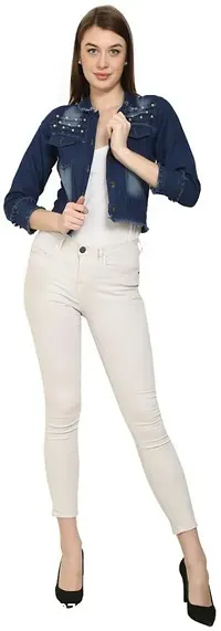 Stylish Navy Blue Denim Ombre Button Denim Jacket For Women