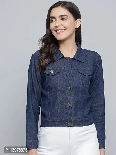 Stylish Navy Blue Denim Ombre Button Denim Jacket For Women