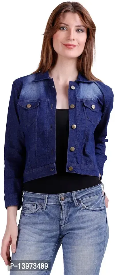 Stylish Blue Denim Ombre Button Denim Jacket For Women-thumb0