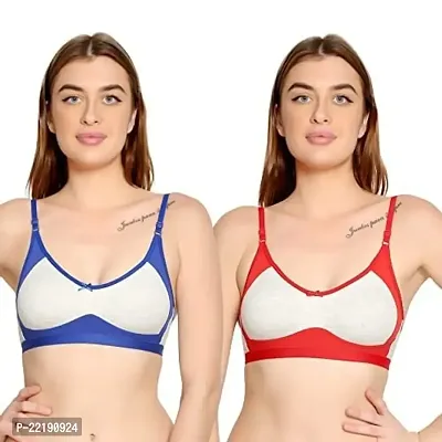 BELLA BEAUTY Women's Cotton Blend Non Padded Wire Free T-Shirt Bra(Bra and Combo-01-Blue and Red-34B)