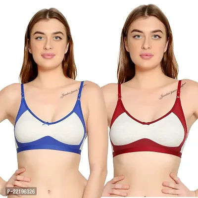 BELLA BEAUTY Women's Cotton Blend Non Padded Wire Free T-Shirt Bra Combo Pack of 2(SEB-BlueMaroon-28)