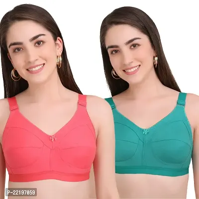 BELLA BEAUTY Cotton Blend Non-Padded Wire Free T-Shirt Bra for Women Combo Pack of 2(SEB-1-CoralTeal Green-32)