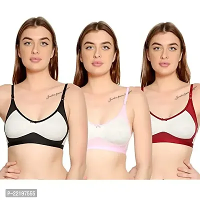 BELLA BEAUTY Women's Cotton Blend Non Padded Wire Free T-Shirt Bra(Combos-003-Black,White,Maroon-34B)