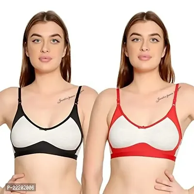 BELLA BEAUTY Women's Cotton Blend Non Padded Wire Free T-Shirt Bra(Bra and Combo-01-Black and Red-36B)-thumb0