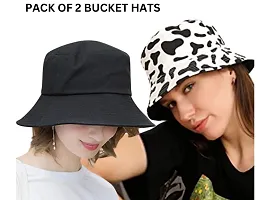 CLASSYMESSI Combo Pack of 2 Bucket Hat White Shade Black Bucket Hats for Men and Women Cotton Hats for Girls Wide Brim Floppy Summer (BlackCow Print)-thumb1