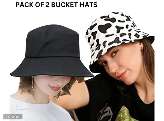 CLASSYMESSI Combo Pack of 2 Bucket Hat White Shade Black Bucket Hats for Men and Women Cotton Hats for Girls Wide Brim Floppy Summer (BlackCow Print)-thumb2