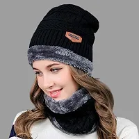 CLASSYMESSI Winter caps Black Unisex Beanie Caps Men and Women Warm Fleece Lined and Original Fur Stylish Woolen Hat with Neck Scarf for Boys and Girls-thumb4