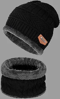 CLASSYMESSI Winter caps Black Unisex Beanie Caps Men and Women Warm Fleece Lined and Original Fur Stylish Woolen Hat with Neck Scarf for Boys and Girls-thumb1