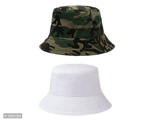 CLASSYMESSI Combo Pack of 2 Bucket Hat White Shade Black Bucket Hats for Men and Women Cotton Hats for Girls Wide Brim Floppy Summer (White Army)