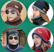 CLASSYMESSI Unisex Winter Warm Beanie Cap Fleece Lined Woolen and Original Fur Hat with Neck Scarf for Men's and Women's (Black)-thumb3