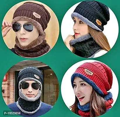 CLASSYMESSI Unisex Winter Warm Beanie Cap Fleece Lined Woolen and Original Fur Hat with Neck Scarf for Men's and Women's (Black)-thumb4