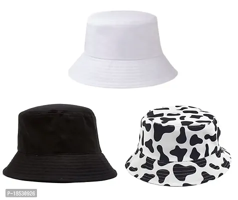 CLASSYMESSI Combo Pack of 2 Bucket Hat White Shade Black Bucket Hats for Men and Women Cotton Hats for Girls Wide Brim Floppy Summer (White  Black  Cow)