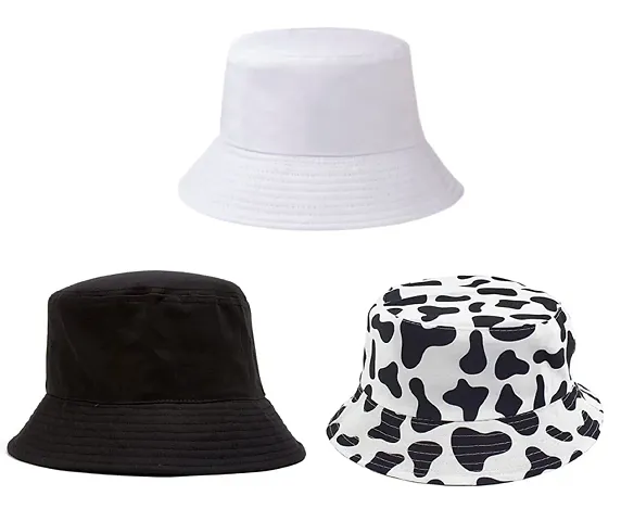 CLASSYMESSI Combo Pack of 2 Bucket Hat Shade Bucket Hats for Men and Women Hats for Girls Wide Brim Floppy Summer (White Cow)