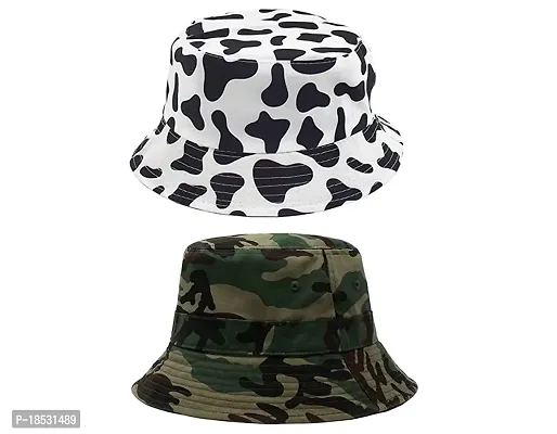 CLASSYMESSI Combo Pack of 2 Bucket Hat White Shade Black Bucket Hats for Men and Women Cotton Hats for Girls Summer Traveling Dating Gifts Beach Fishermen (Army  Cow)