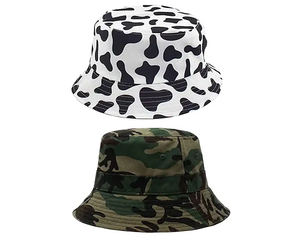 CLASSYMESSI Combo Pack of 2 Bucket Hat Shade Bucket Hats for Men and Women Hats for Girls Summer Traveling Dating Gifts Beach Fishermen (Army Cow)