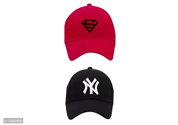 Cap Combo Pack of 2 Baseball Caps for Men and Women Stylish Unisex Cotton Blend Caps Men for All Sports Cricket Running Dating Love Gifts Hat for Boys and Girls (RED (MAX) Black (NY))-thumb0
