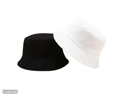 CLASSYMESSI Combo Pack of 2 Bucket Hat White Shade Black Bucket Hats for Men and Women Cotton Hats for Girls Wide Brim Floppy (White Black)