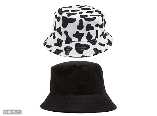 CLASSYMESSI Combo Pack of 2 Bucket Hat White Shade Black Bucket Hats for Men and Women Cotton Hats for Girls Wide Brim Floppy Summer (BlackCow Print)