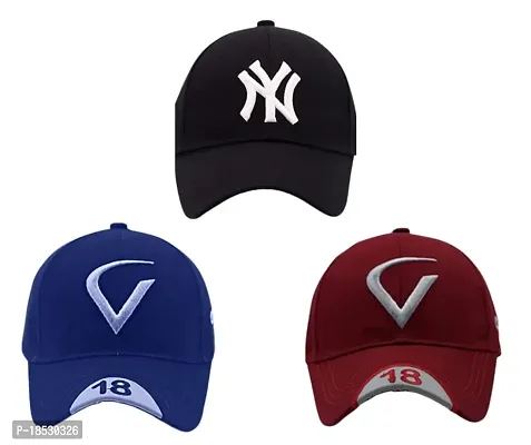 Cap for Men and Women VIRAT Cotton Blend Cap Use for Sports Cricket All Outdoor Indoor Activities (Black NY Maroon V Blue V)