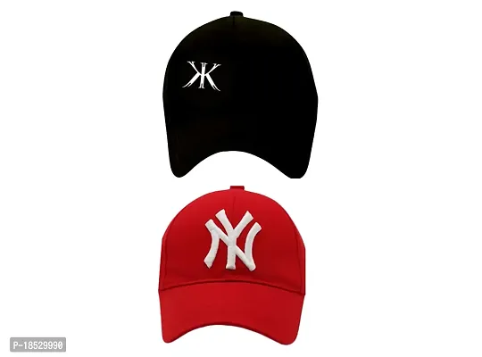 Cap Combo Pack of 2 Baseball Caps for Men and Women Stylish Unisex Cotton Blend Caps Men for All Sports Football Cricket Running (Black (AE) RED (NY))