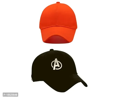 CLASSYMESSI Combo Caps Pack of 2 Men's  Women's 100% Cotton or Mr. A Black Cap Quick Drying Adjustable Cap (Black Orange)