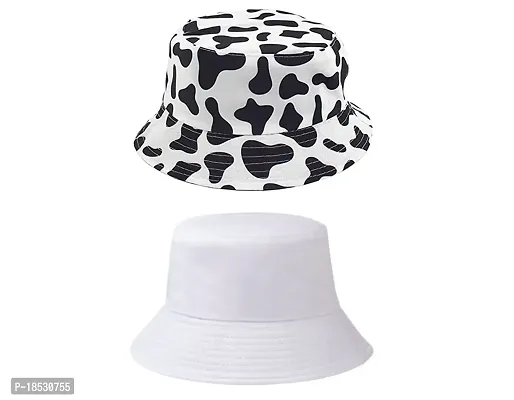 CLASSYMESSI Combo Pack of 2 Bucket Hat White Shade Black Bucket Hats for Men and Women Cotton Hats for Girls Wide Brim Floppy (White  Cow)