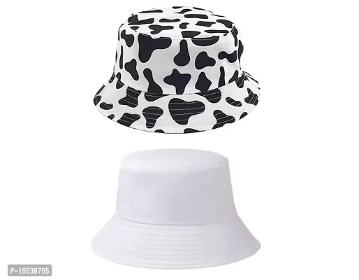 CLASSYMESSI Combo Pack of 2 Bucket Hat White Shade Black Bucket Hats for Men and Women Cotton Hats for Girls Wide Brim Floppy (White  Cow)-thumb0