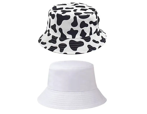 CLASSYMESSI Combo Pack of 2 Bucket Hat Shade Bucket Hats for Men and Women Hats for Girls Wide Brim Floppy (White Cow)