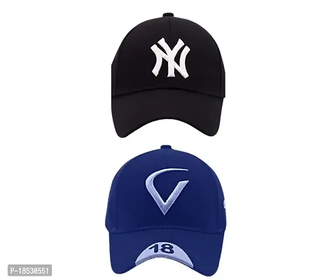 Cap for Men and Women VIRAT Cotton Blend Cap Use for Sports Cricket All Outdoor Indoor Activities (Black NY Blue V)-thumb0