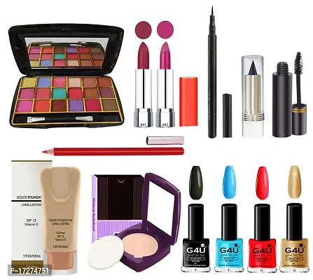 G4u All In One Makeup Kit Gift Set, Eyeshadow, Pen Eyeliner, 2 Lipsticks, Kajal, Lip Liner,5 Pcs. Brush Set,4 Color Nail Polish, Mascara, Cc Cream Perfect For Party Wedding Makeup Kit.