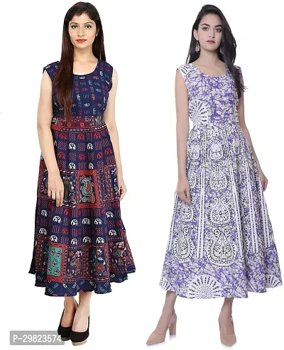 Trendy Multicoloured Printed Cotton Flared Kurta Combo Of 2-thumb0