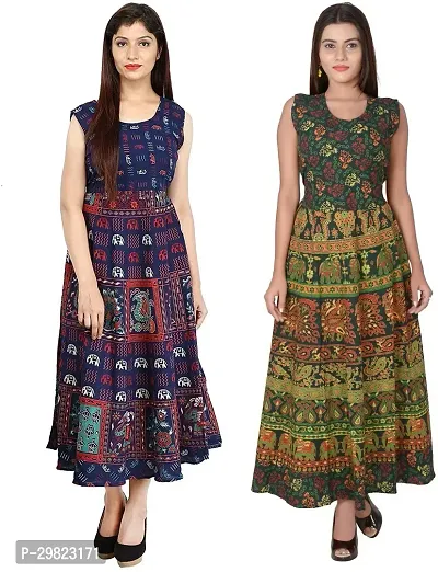 Trendy Multicoloured Printed Cotton Flared Kurta Combo Of 2-thumb0