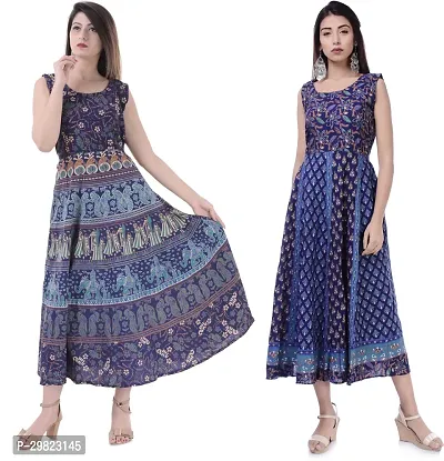 Trendy Blue Printed Cotton Flared Kurta Combo Of 2-thumb0