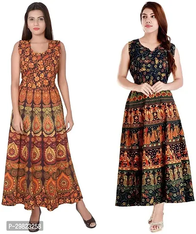 Trendy Multicoloured Printed Cotton Flared Kurta Combo Of 2-thumb0