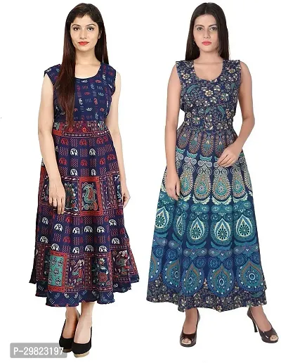 Trendy Blue Printed Cotton Flared Kurta Combo Of 2-thumb0