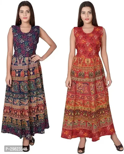 Trendy Multicoloured Printed Cotton Flared Kurta Combo Of 2-thumb0