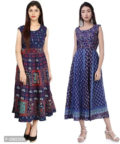 Trendy Blue Printed Cotton Flared Kurta Combo Of 2-thumb0