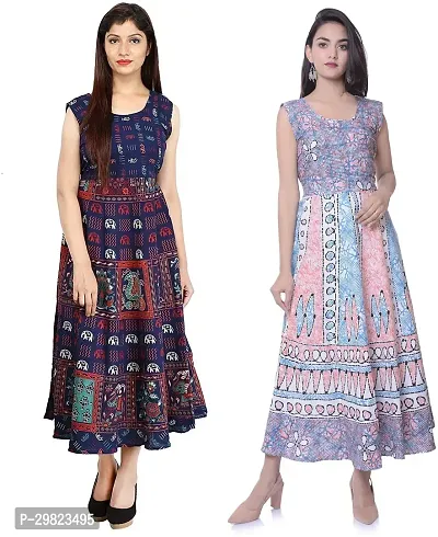 Trendy Multicoloured Printed Cotton Flared Kurta Combo Of 2-thumb0