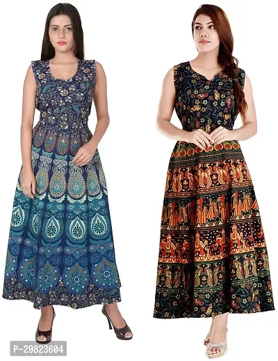 Trendy Multicoloured Printed Cotton Flared Kurta Combo Of 2-thumb0