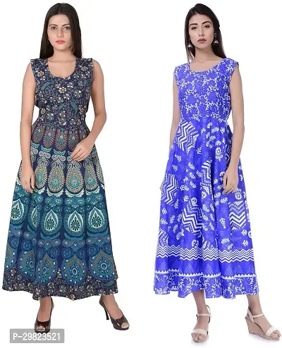 Trendy Blue Printed Cotton Flared Kurta Combo Of 2-thumb0