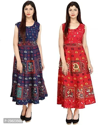 Trendy Multicoloured Printed Cotton Flared Kurta Combo Of 2-thumb0