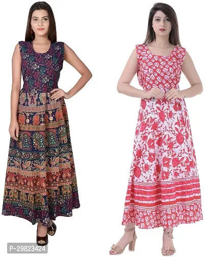 Trendy Multicoloured Printed Cotton Flared Kurta Combo Of 2-thumb0