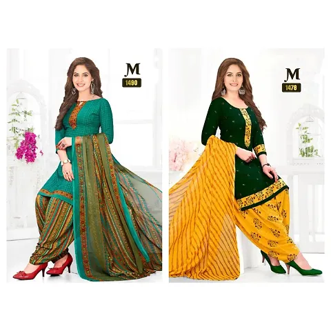 Stylish Multicoloured Crepe Printed Dress Material With Dupatta Set - Pack Of 2