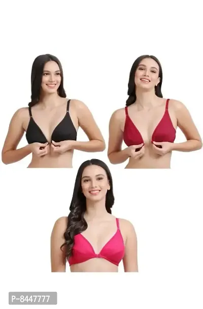 Classy Cotton Solid Front Hook Bra For Women, Pack of 3-thumb0