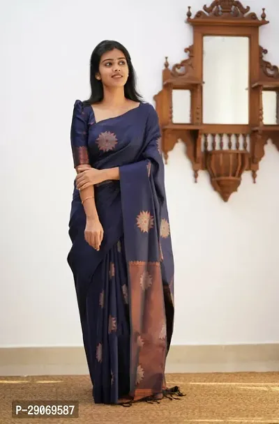 Stylish Kosa Silk Navy Blue Saree With Blouse Piece For Women-thumb0